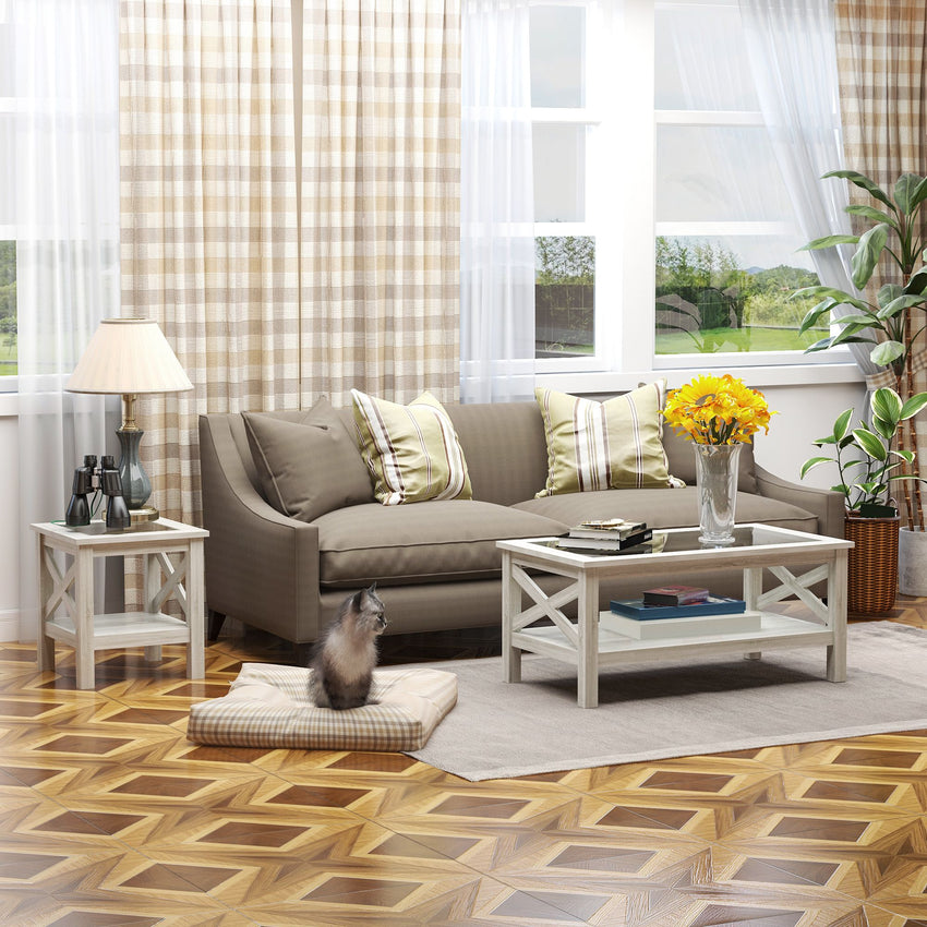 Farmhouse Coffee Table with Tempered Glass Table Top, 2-tier Center Table with Bottom Storage Shelf for Living Room, Bedroom