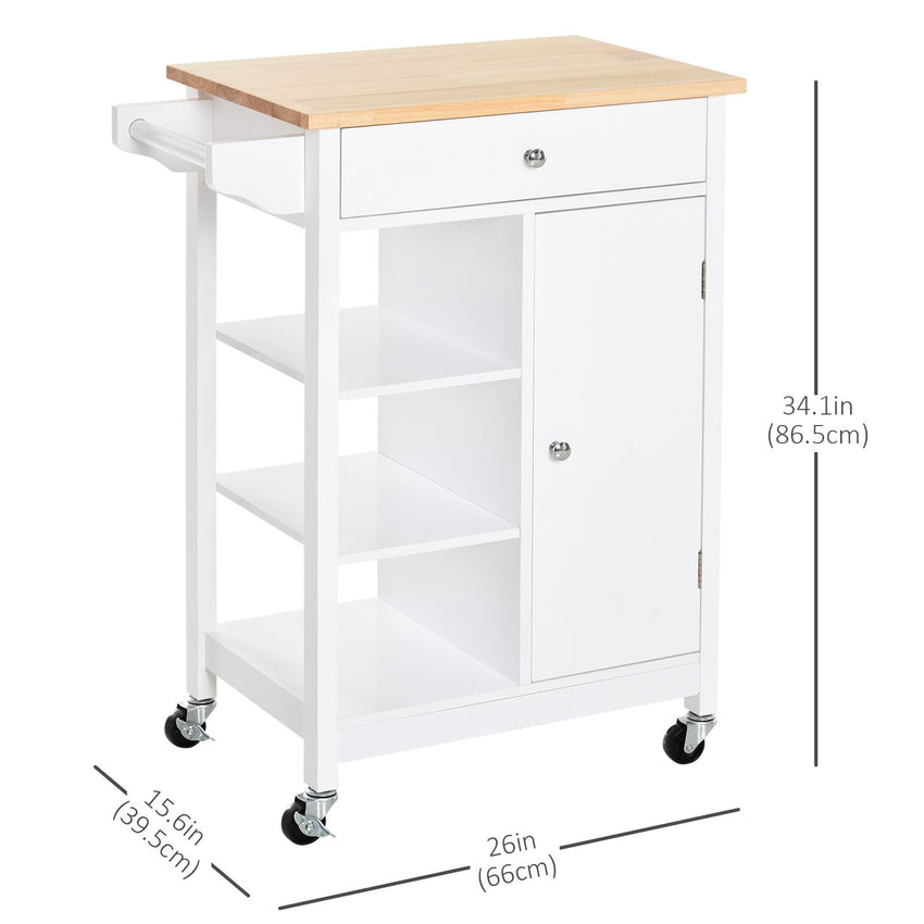 Modern Rolling Kitchen Island Cart with Drawer, Natural Wood Top, Towel Rack, Door Storage Cabinet, White