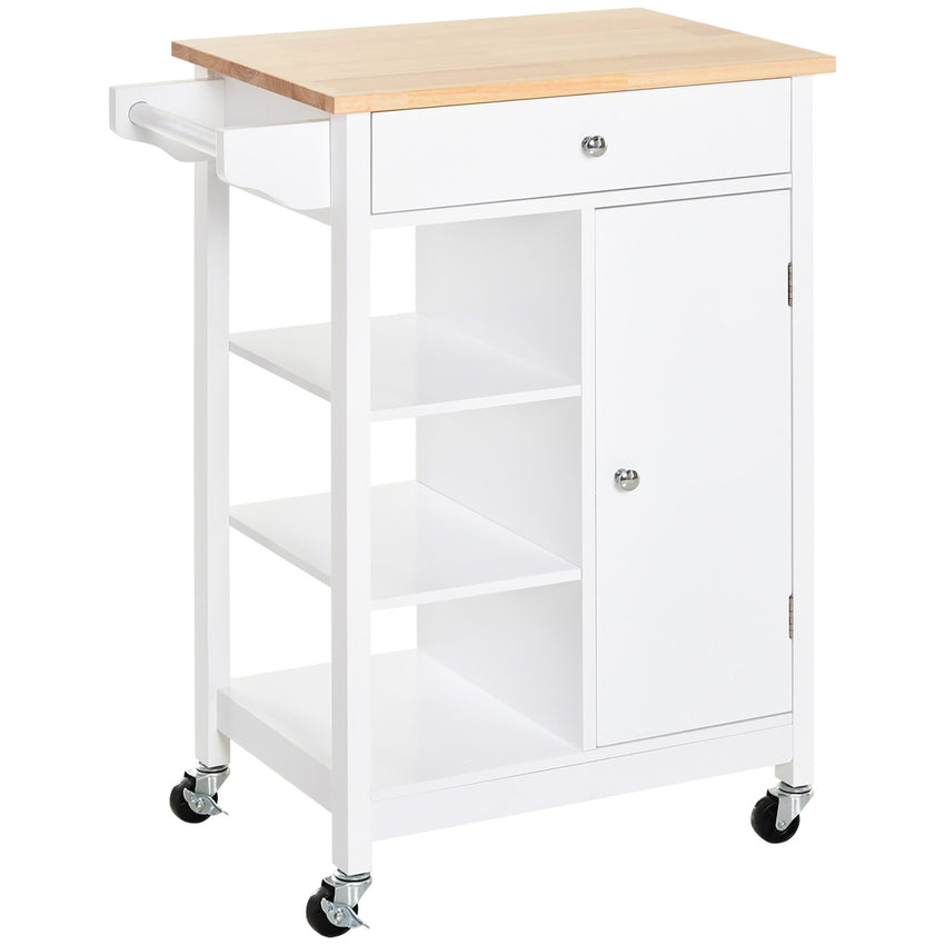 Modern Rolling Kitchen Island Cart with Drawer, Natural Wood Top, Towel Rack, Door Storage Cabinet, White