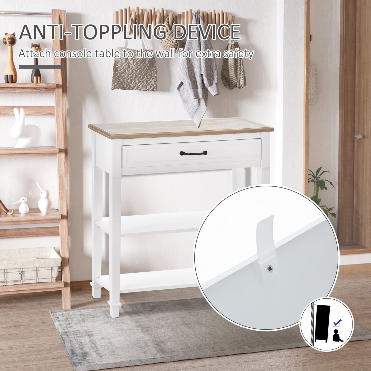 30" Console Table, Modern Narrow Entryway Table with Drawer and 2 Shelves, Sofa Table for Living Room, Hallway, White