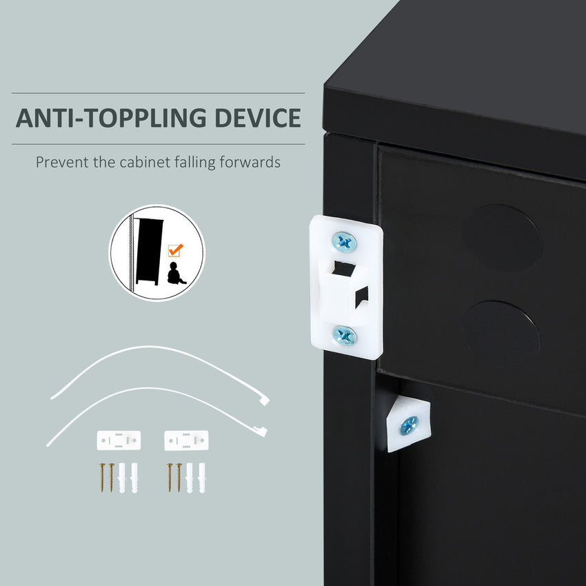 High Gloss Buffet Sideboard with 2 Drawers, 2 Doors and Adjustable Shelf, Kitchen Storage Cabinet with Push Open Design, Grey and Black