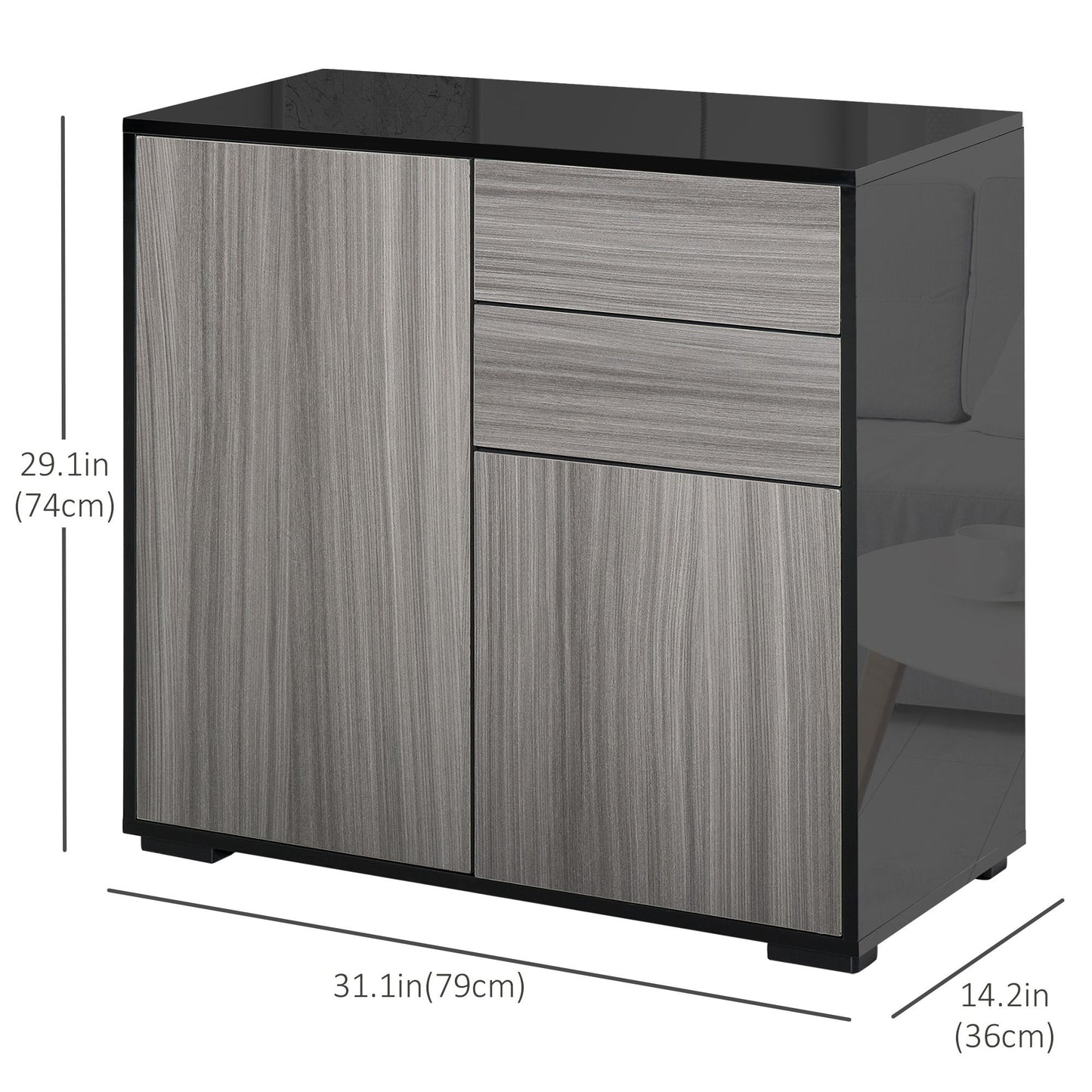 High Gloss Buffet Sideboard with 2 Drawers, 2 Doors and Adjustable Shelf, Kitchen Storage Cabinet with Push Open Design, Grey and Black