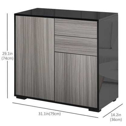 High Gloss Buffet Sideboard with 2 Drawers, 2 Doors and Adjustable Shelf, Kitchen Storage Cabinet with Push Open Design, Grey and Black