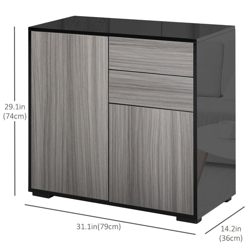 High Gloss Buffet Sideboard with 2 Drawers, 2 Doors and Adjustable Shelf, Kitchen Storage Cabinet with Push Open Design, Grey and Black