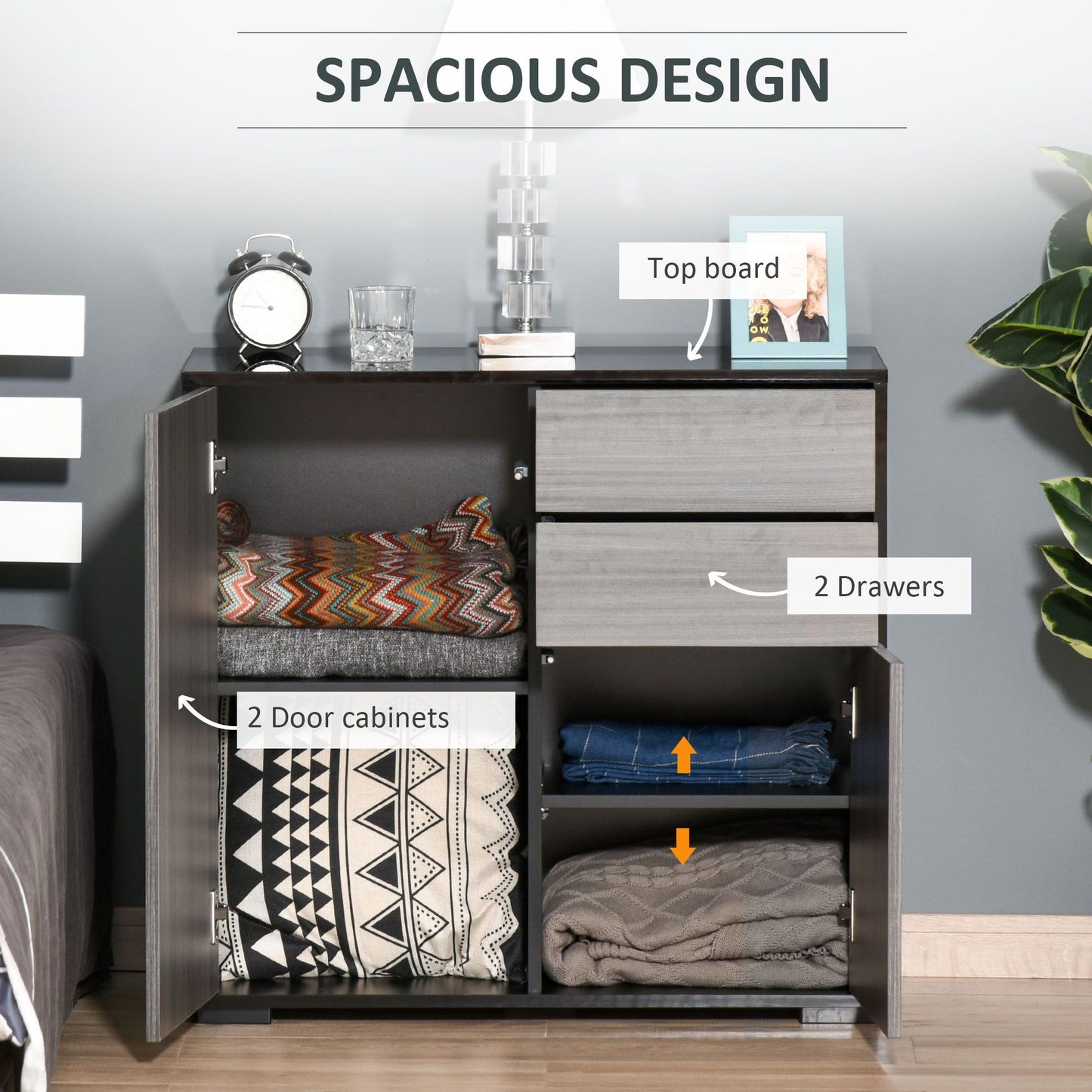 High Gloss Buffet Sideboard with 2 Drawers, 2 Doors and Adjustable Shelf, Kitchen Storage Cabinet with Push Open Design, Grey and Black