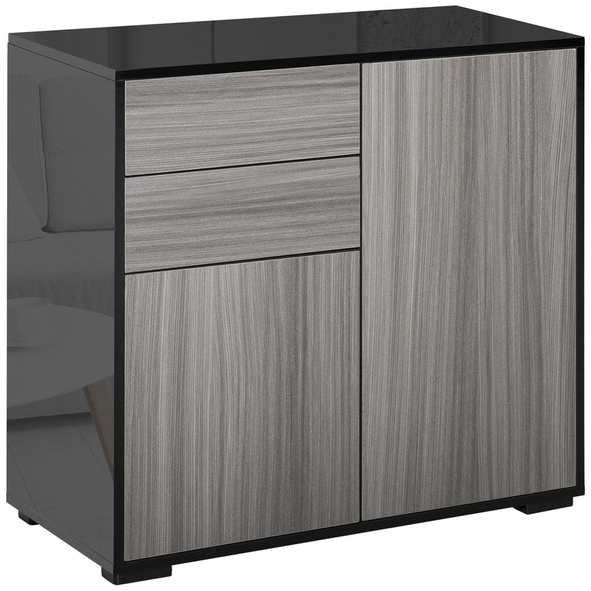 High Gloss Buffet Sideboard with 2 Drawers, 2 Doors and Adjustable Shelf, Kitchen Storage Cabinet with Push Open Design, Grey and Black
