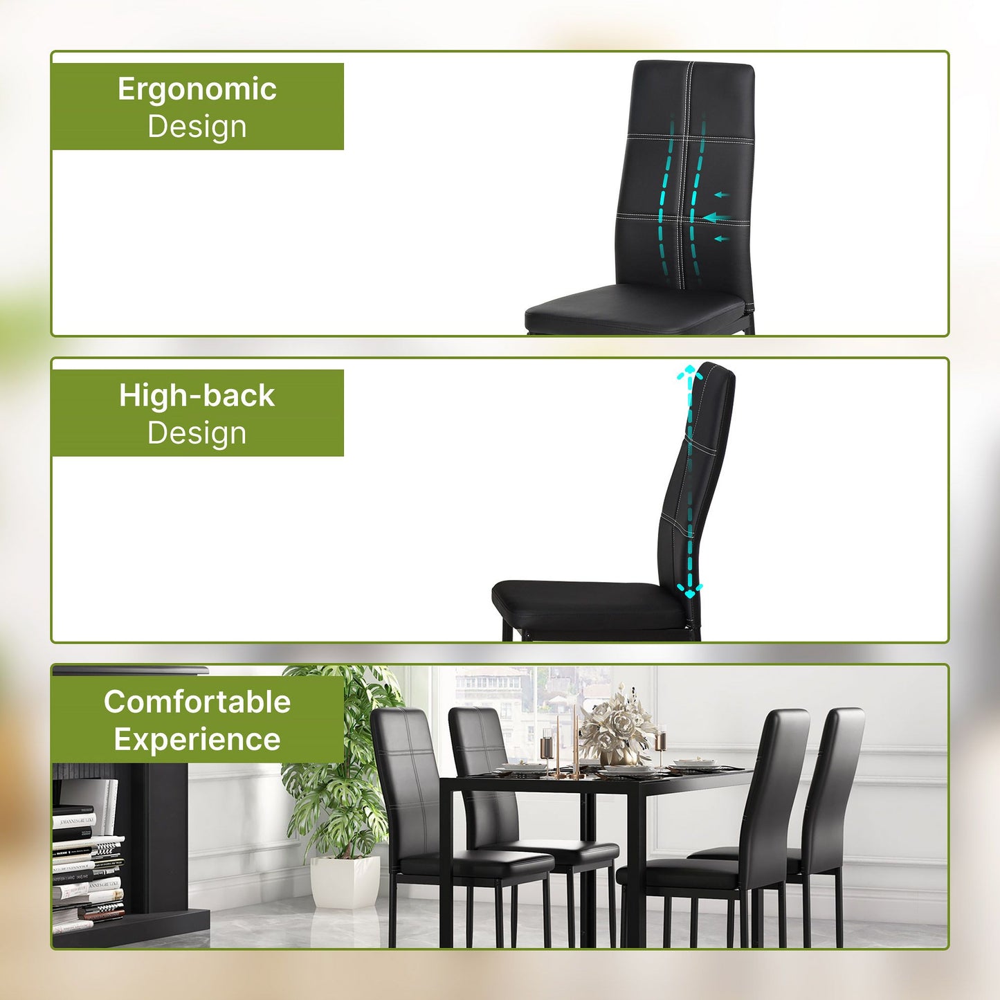 5-Piece Rectangular Glass Kitchen Table and Chairs with Metal Frame and Faux Leather Upholstery for Dining Room, Black