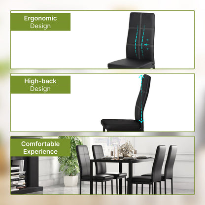 5-Piece Rectangular Glass Kitchen Table and Chairs with Metal Frame and Faux Leather Upholstery for Dining Room, Black
