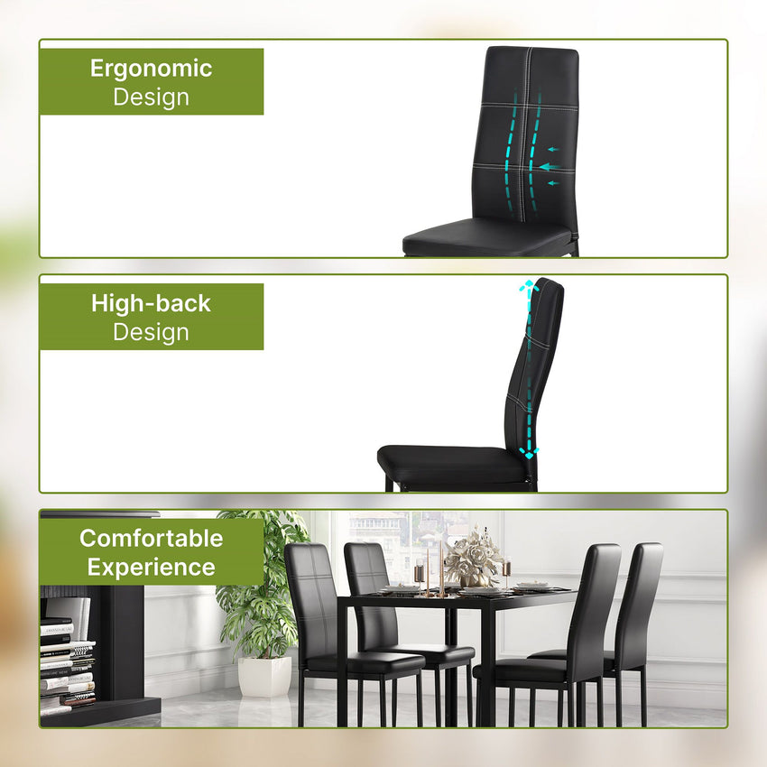 5-Piece Rectangular Glass Kitchen Table and Chairs with Metal Frame and Faux Leather Upholstery for Dining Room, Black