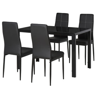 5-Piece Rectangular Glass Kitchen Table and Chairs with Metal Frame and Faux Leather Upholstery for Dining Room, Black