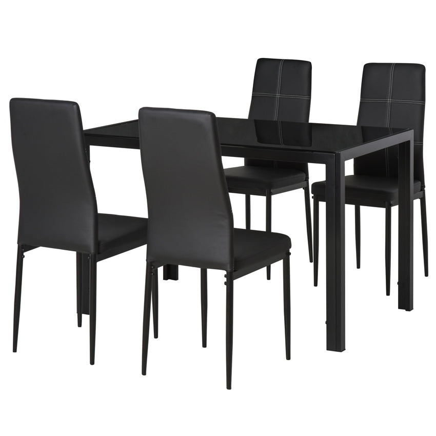 5-Piece Rectangular Glass Kitchen Table and Chairs with Metal Frame and Faux Leather Upholstery for Dining Room, Black