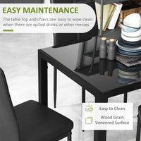 5-Piece Rectangular Glass Kitchen Table and Chairs with Metal Frame and Faux Leather Upholstery for Dining Room, Black