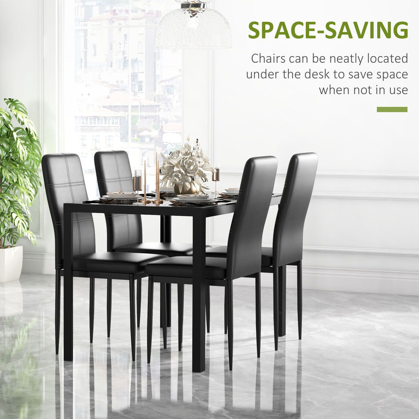 5-Piece Rectangular Glass Kitchen Table and Chairs with Metal Frame and Faux Leather Upholstery for Dining Room, Black