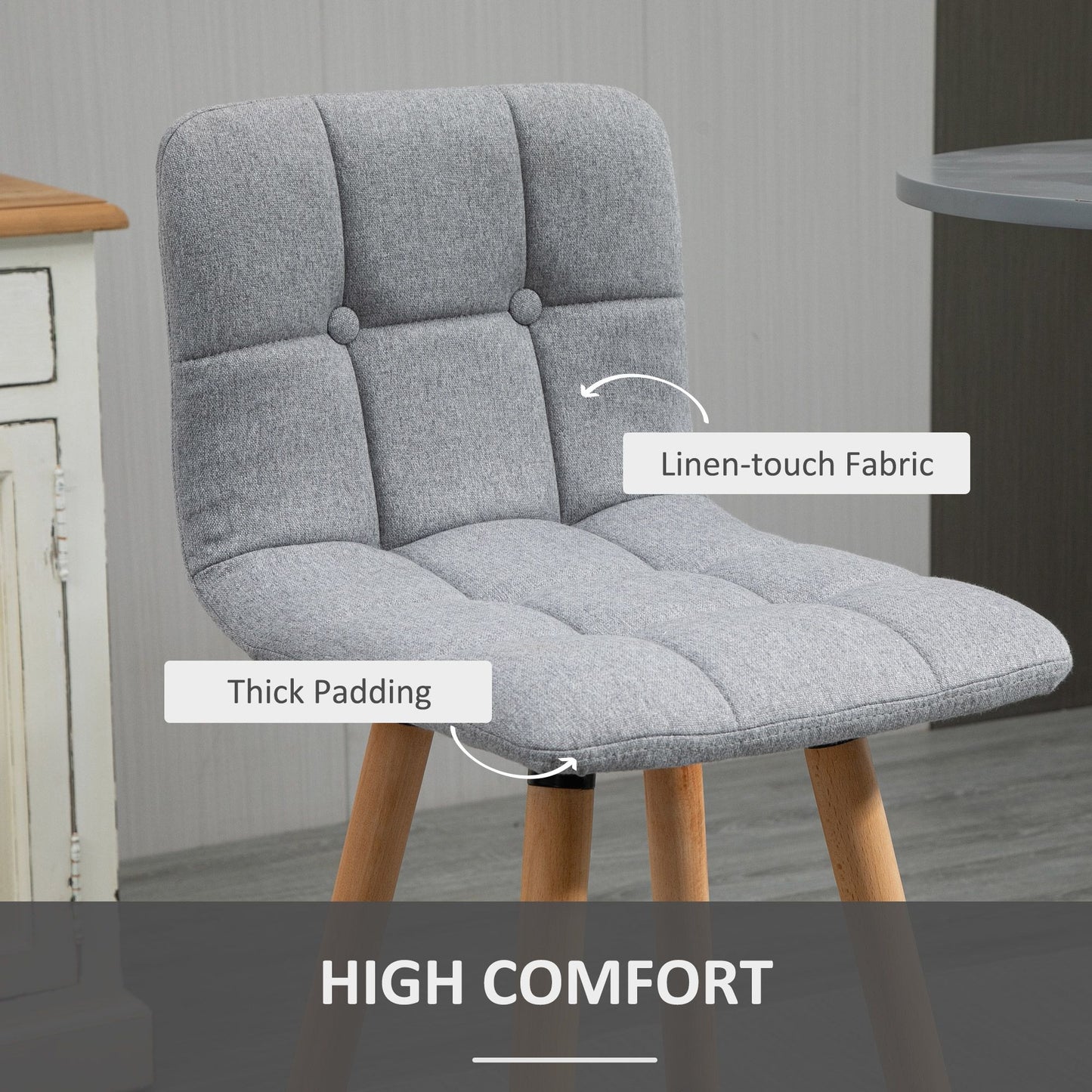 Modern Bar Stools Set of 2, 38" Upholstered Kitchen Island Stool with Solid Wood Legs, Grey
