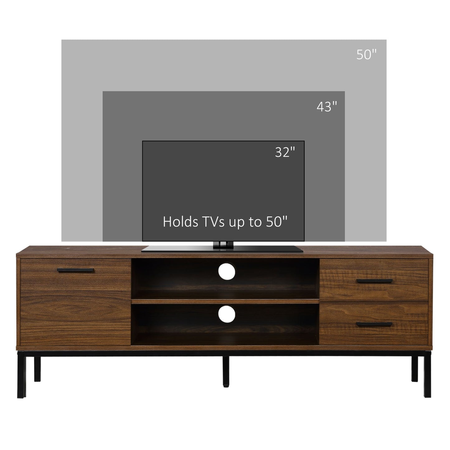 TV Stand for TV up to 50 Inches, TV Cabinet with Door, Open Storage and Drawers, TV Table with Steel Legs, Dark Walunt