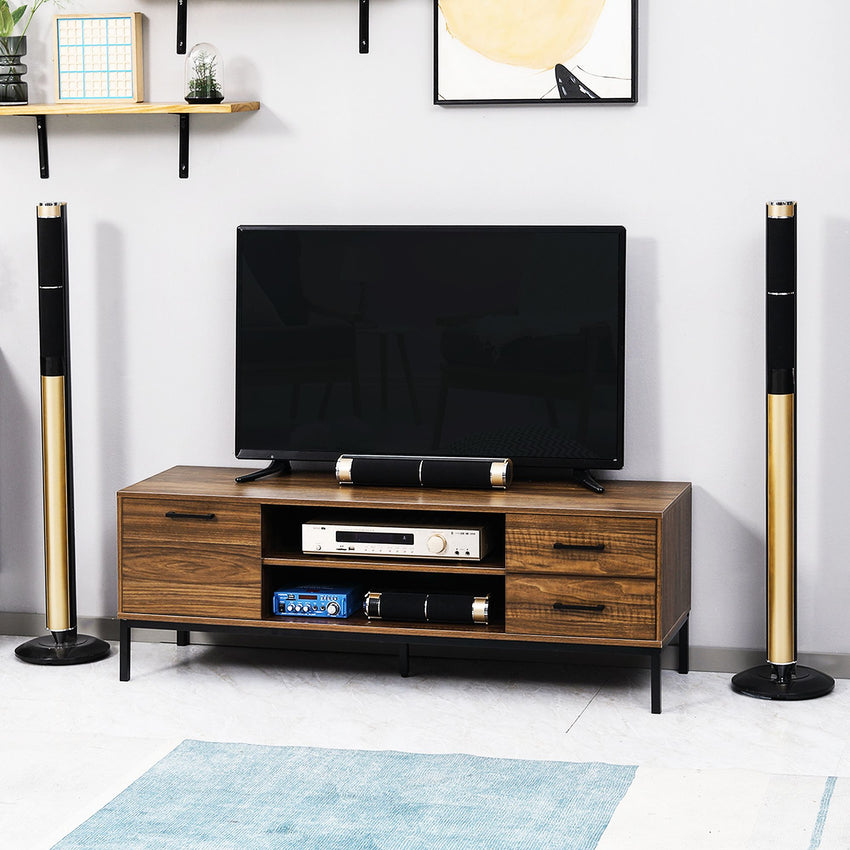 TV Stand for TV up to 50 Inches, TV Cabinet with Door, Open Storage and Drawers, TV Table with Steel Legs, Dark Walunt