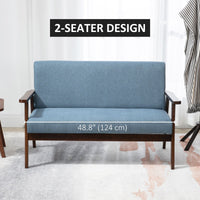 Compact Loveseat Sofa Couch Linen Fabric Double Seat Sofa with Rubber Wood Legs Blue
