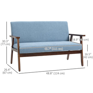Compact Loveseat Sofa Couch Linen Fabric Double Seat Sofa with Rubber Wood Legs Blue
