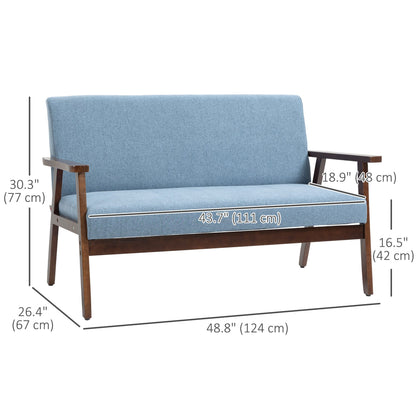Compact Loveseat Sofa Couch Linen Fabric Double Seat Sofa with Rubber Wood Legs Blue