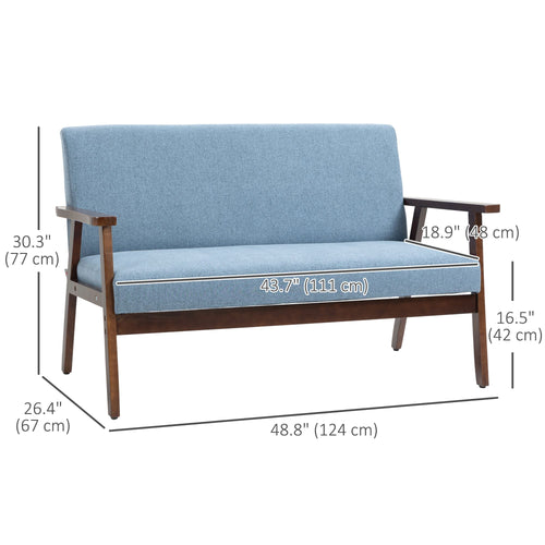 Compact Loveseat Sofa Couch Linen Fabric Double Seat Sofa with Rubber Wood Legs Blue