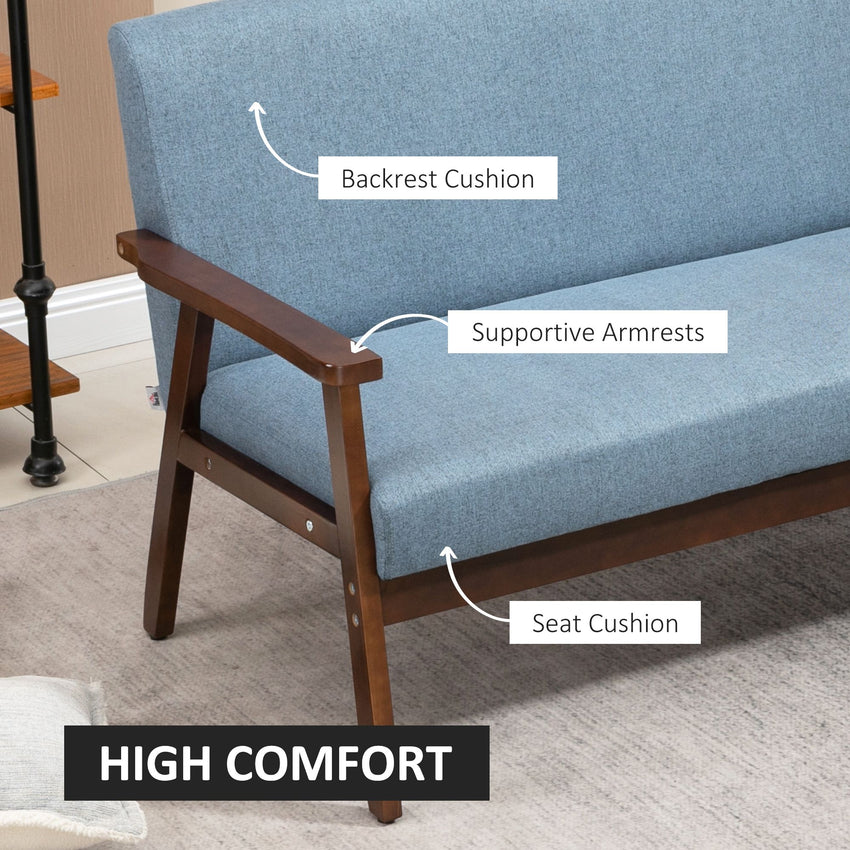 Compact Loveseat Sofa Couch Linen Fabric Double Seat Sofa with Rubber Wood Legs Blue
