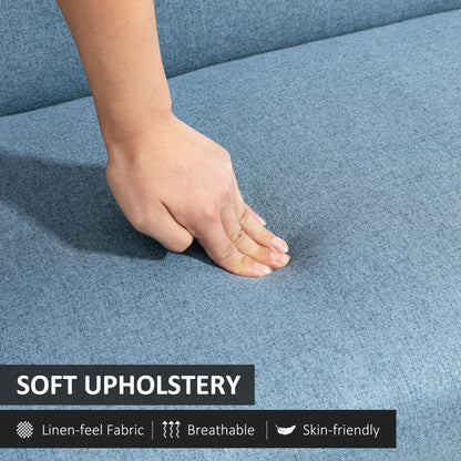Compact Loveseat Sofa Couch Linen Fabric Double Seat Sofa with Rubber Wood Legs Blue