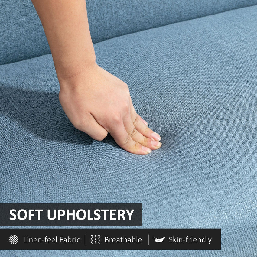 Compact Loveseat Sofa Couch Linen Fabric Double Seat Sofa with Rubber Wood Legs Blue