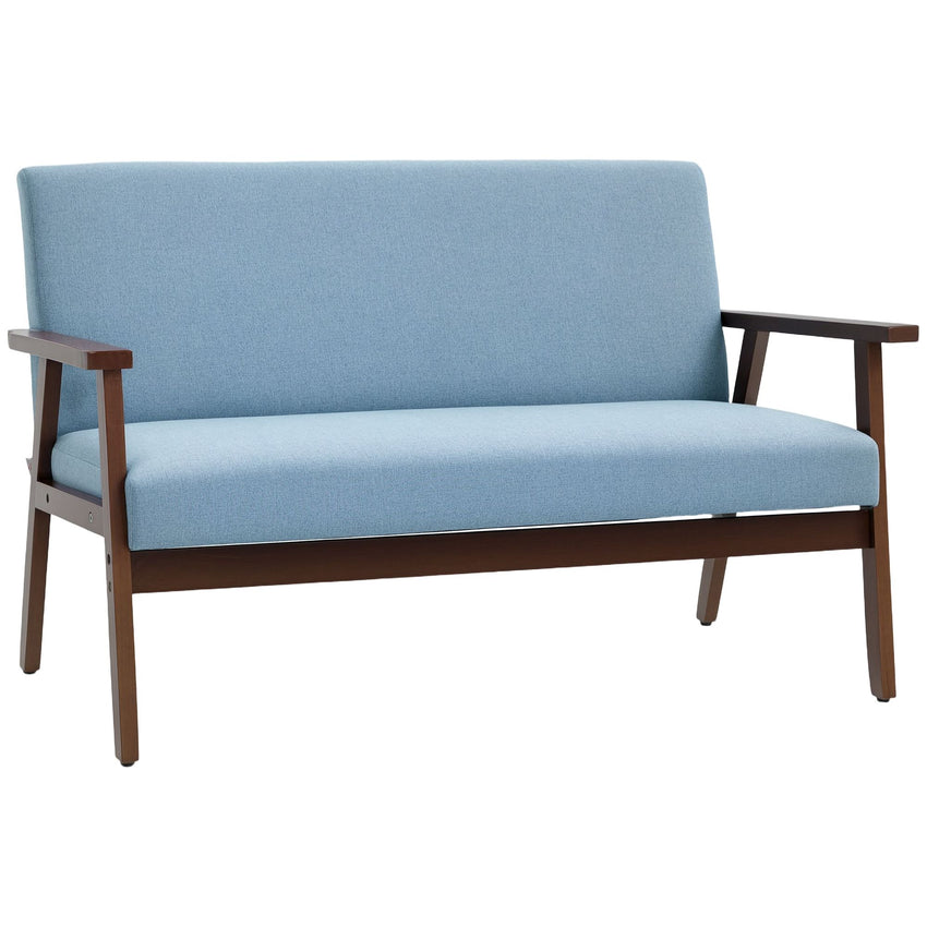 Compact Loveseat Sofa Couch Linen Fabric Double Seat Sofa with Rubber Wood Legs Blue