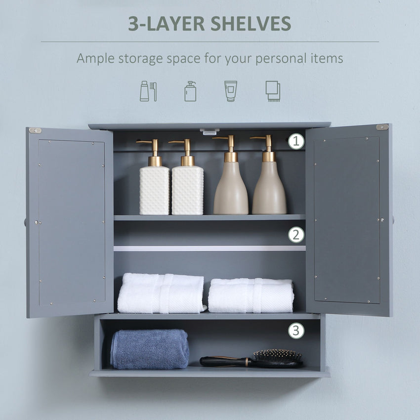 Medicine Cabinet, Wall-Mounted Bathroom Mirror Cabinet with Double Doors, Open Shelf, and Adjustable Shelf, Modern Bathroom Wall Cabinet, Grey