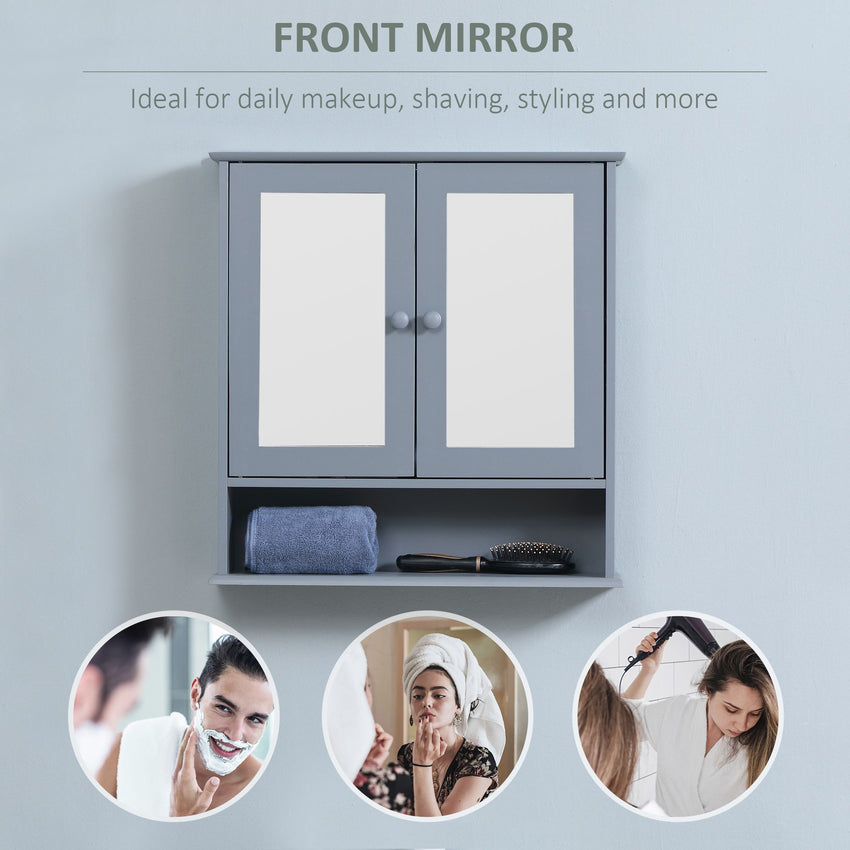 Medicine Cabinet, Wall-Mounted Bathroom Mirror Cabinet with Double Doors, Open Shelf, and Adjustable Shelf, Modern Bathroom Wall Cabinet, Grey