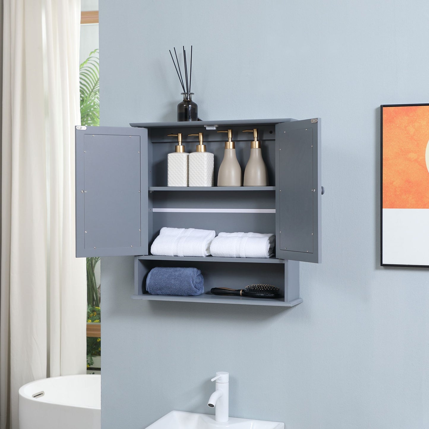 Medicine Cabinet, Wall-Mounted Bathroom Mirror Cabinet with Double Doors, Open Shelf, and Adjustable Shelf, Modern Bathroom Wall Cabinet, Grey