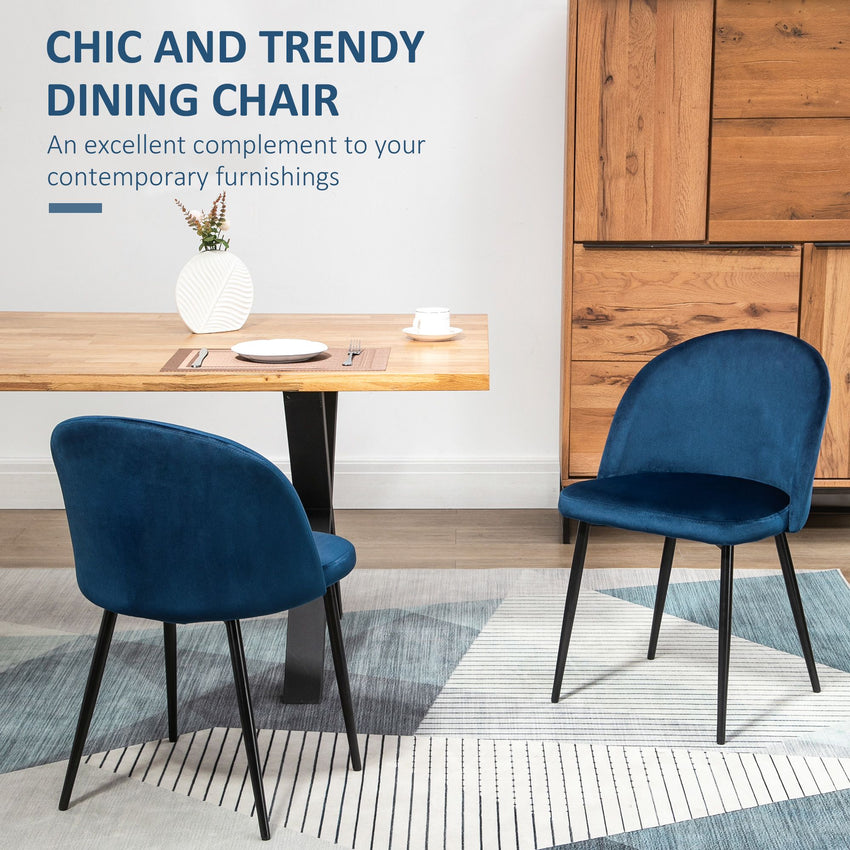 Set of 2 Mid-Back Dining Chair, Mid-Back Velvet-touch Upholstery Kitchen Chair for Living Room Dining Room, Dark Blue