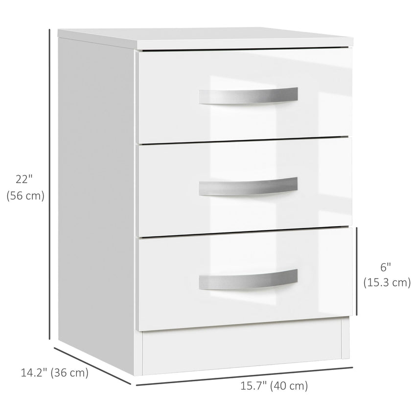 Modern Nightstand Set of 2, Bedside Tables with 3 High Gloss Drawers for Bedroom, White