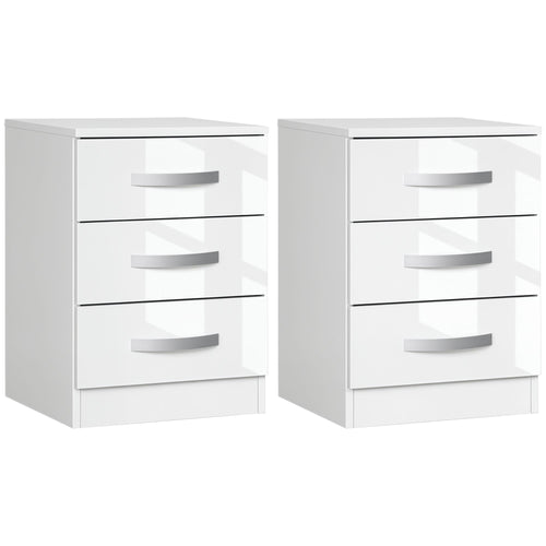 Modern Nightstand Set of 2, Bedside Tables with 3 High Gloss Drawers for Bedroom, White