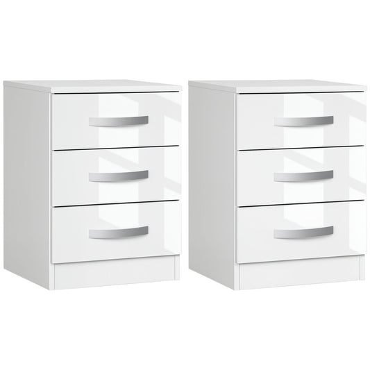 Modern Nightstand Set of 2, Bedside Tables with 3 High Gloss Drawers for Bedroom, White