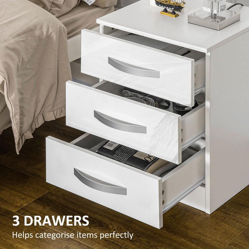 Modern Nightstand Set of 2, Bedside Tables with 3 High Gloss Drawers for Bedroom, White
