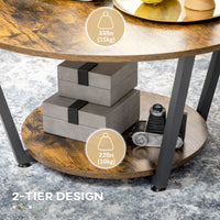 2-Tier Round Coffee Table with Storage Shelf, Industrial Center Table with Steel Frame for Living Room, Rustic Brown