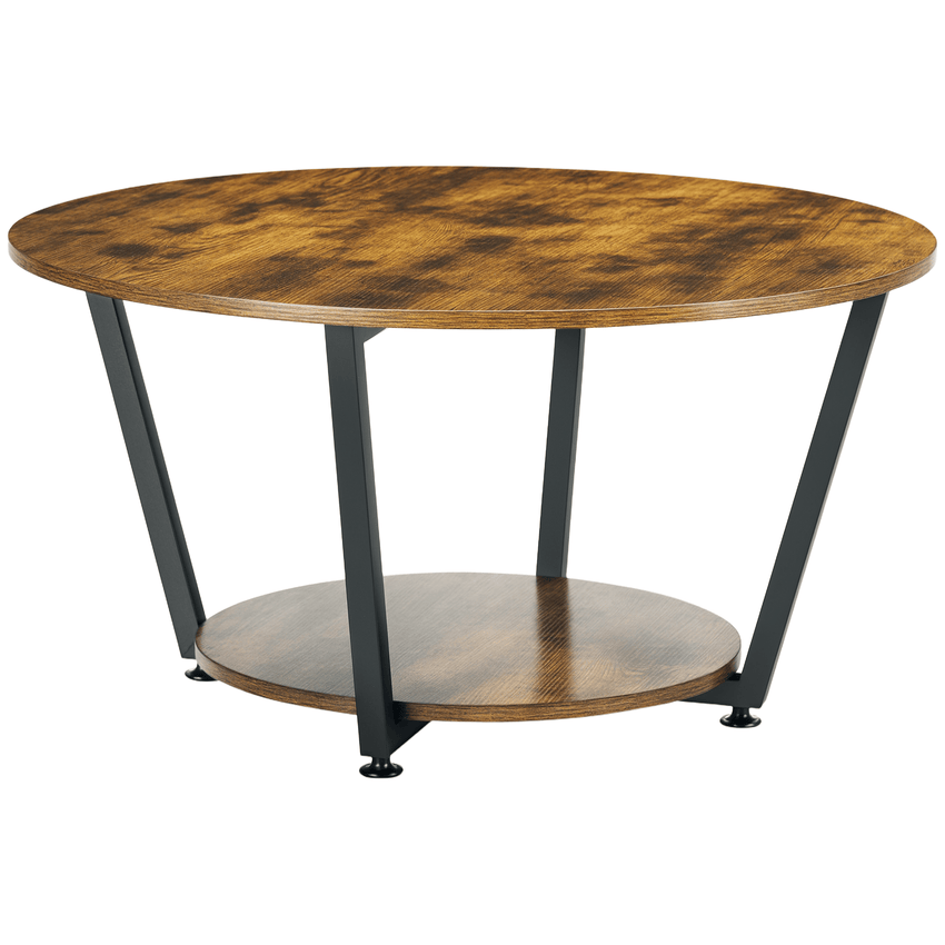 2-Tier Round Coffee Table with Storage Shelf, Industrial Center Table with Steel Frame for Living Room, Rustic Brown