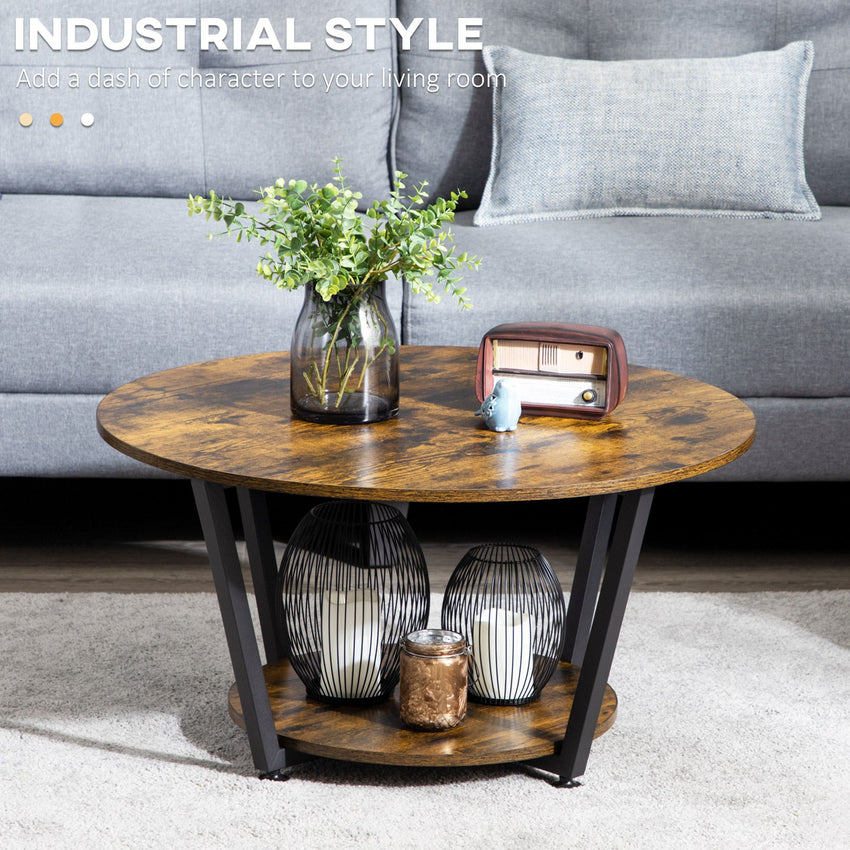 2-Tier Round Coffee Table with Storage Shelf, Industrial Center Table with Steel Frame for Living Room, Rustic Brown