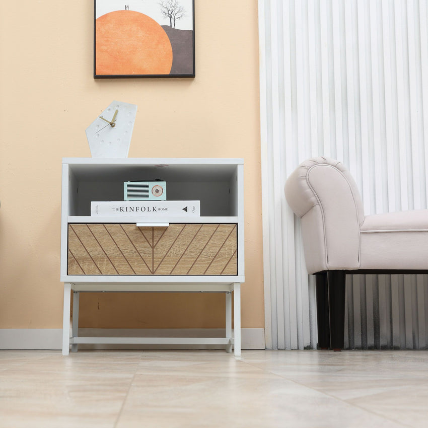 Modern Bedside Table with Drawer, Nightstand with Storage Shelf, Sofa End Table for Bedroom, White and Oak