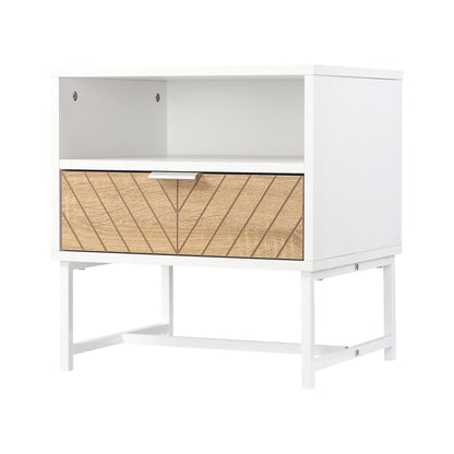 Modern Bedside Table with Drawer, Nightstand with Storage Shelf, Sofa End Table for Bedroom, White and Oak