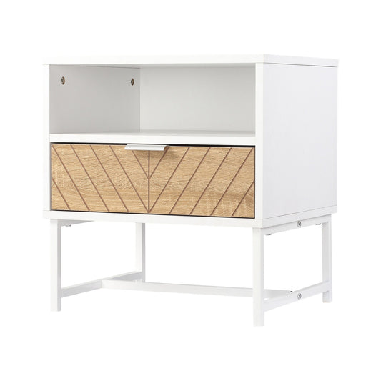 Modern Bedside Table with Drawer, Nightstand with Storage Shelf, Sofa End Table for Bedroom, White and Oak