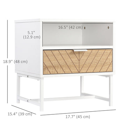 Modern Bedside Table with Drawer, Nightstand with Storage Shelf, Sofa End Table for Bedroom, White and Oak