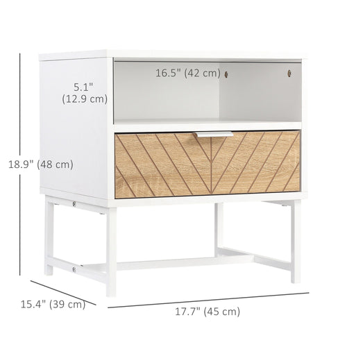 Modern Bedside Table with Drawer, Nightstand with Storage Shelf, Sofa End Table for Bedroom, White and Oak