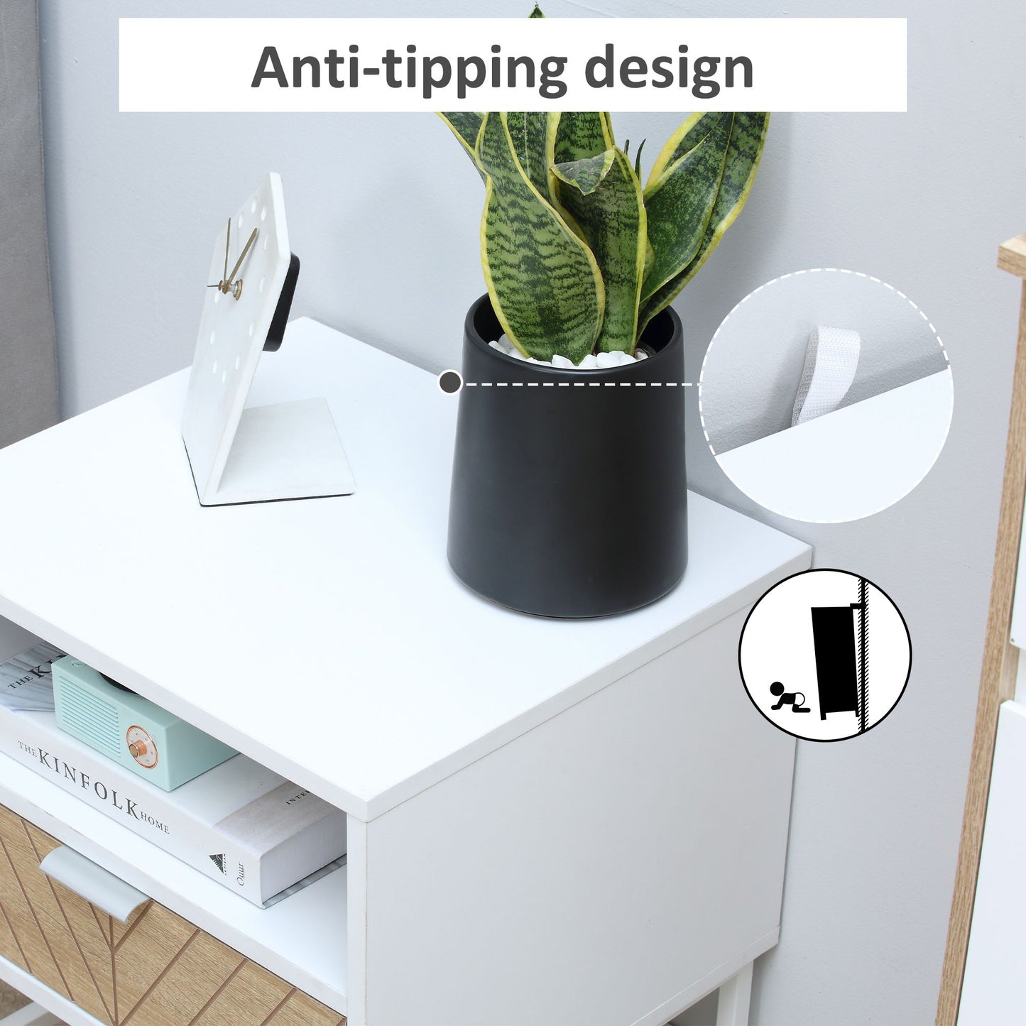 Modern Bedside Table with Drawer, Nightstand with Storage Shelf, Sofa End Table for Bedroom, White and Oak
