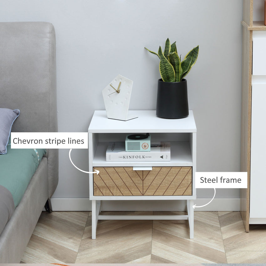Modern Bedside Table with Drawer, Nightstand with Storage Shelf, Sofa End Table for Bedroom, White and Oak
