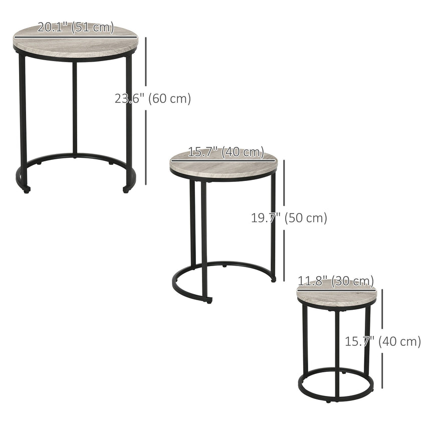 Nesting Tables Set of 3, Round Coffee Table, Stacking Side Tables with Steel Frame for Living Room, Grey