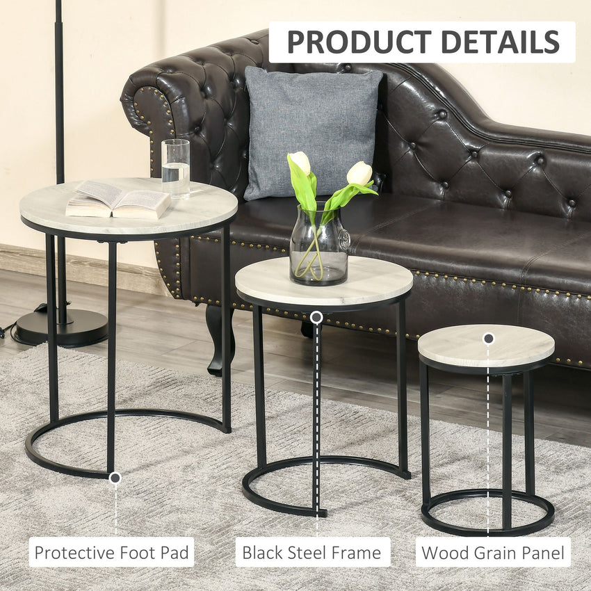 Nesting Tables Set of 3, Round Coffee Table, Stacking Side Tables with Steel Frame for Living Room, Grey