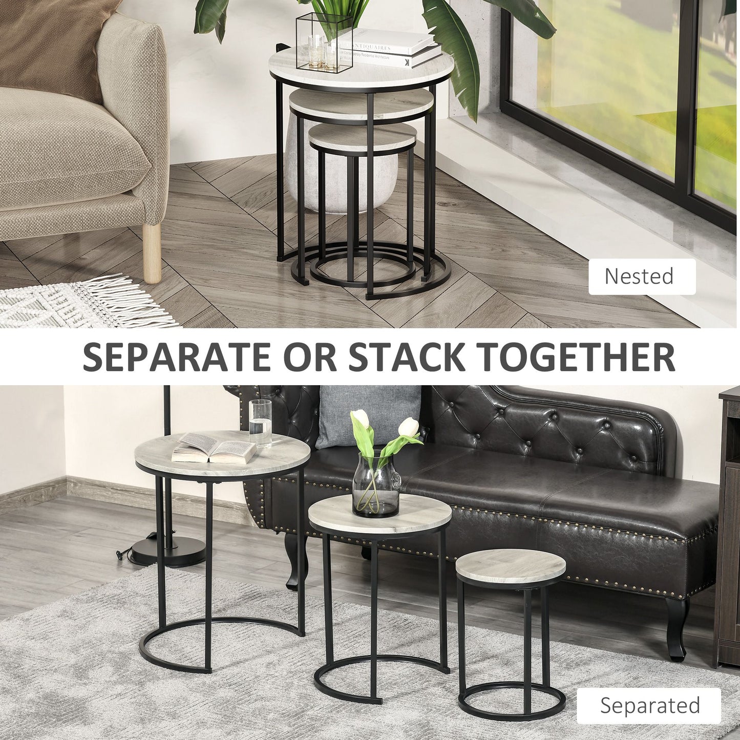 Nesting Tables Set of 3, Round Coffee Table, Stacking Side Tables with Steel Frame for Living Room, Grey