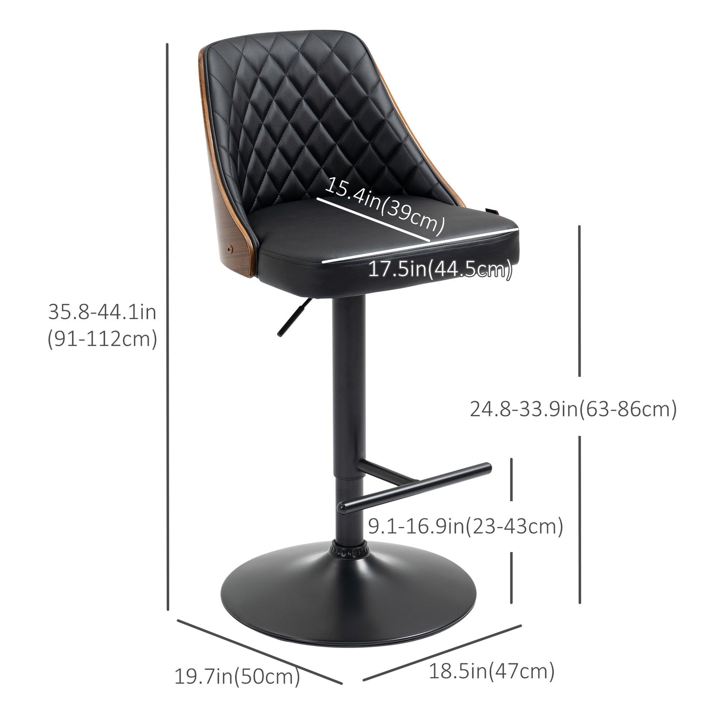 Modern Bar Stools PU Leather Set of 2 Swivel Bar Height Barstools Chairs with Adjustable Height, Round Heavy Metal Base and Footrest, Black